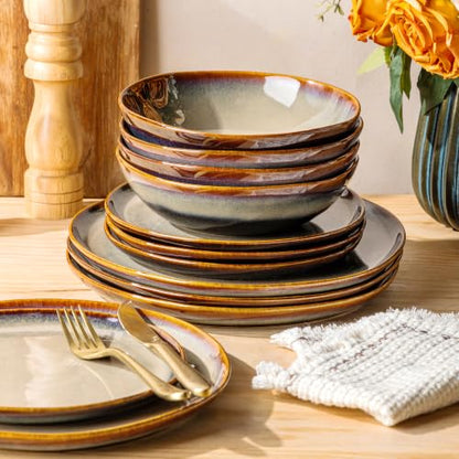 TheTerra Ceramic Dinnerware Set for 4, 12-Piece Plates and Bowls Set - color: Mocha Brown