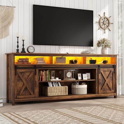 80in Wooden Farmhouse Entertainment Center for 90/85 inch TV,Double Layer Storage Farmhouse TV Stand,Double-Row Sockets with Wood Sliding Barn Door TV Stand(Double Layer Vintage Brown) - color: Double Layer Vintage Brown, size: 80.7in