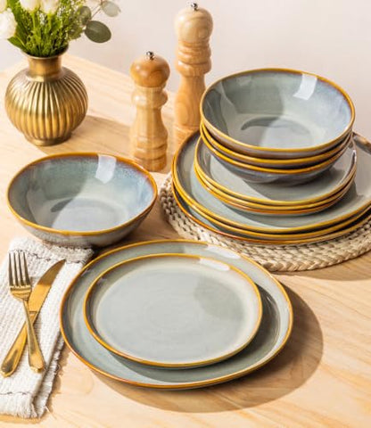 TheTerra Ceramic Dinnerware Set for 4, 12-Piece Plates and Bowls Set - color: Dusk Blue