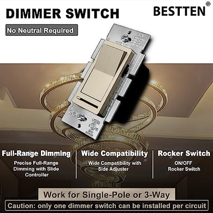 BESTTEN 5PK Matte Champagne Gold Dimmer Light Switch, Single Pole or 3-Way - color: Champagne Gold