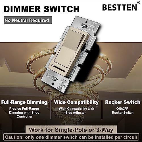 BESTTEN 5PK Matte Champagne Gold Dimmer Light Switch, Single Pole or 3-Way - color: Champagne Gold