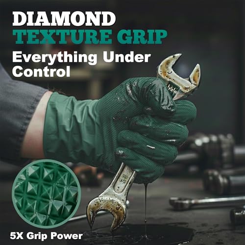 TitanFlex Heavy Duty Industrial Nitrile Gloves with Raised Diamond Texture, 8-mil, Latex Free (Green/Dark Green/Yellow) - color: Dark Green (50ct), size: Large
