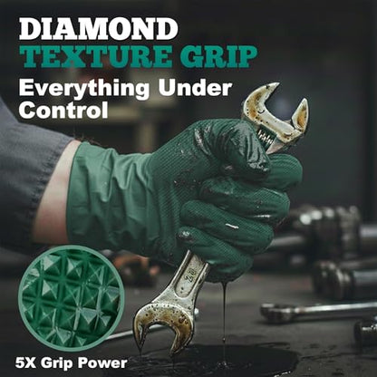 TitanFlex Heavy Duty Industrial Nitrile Gloves with Raised Diamond Texture, 8-mil, Latex Free (Green/Dark Green/Yellow) - color: Dark Green (50ct), size: Large