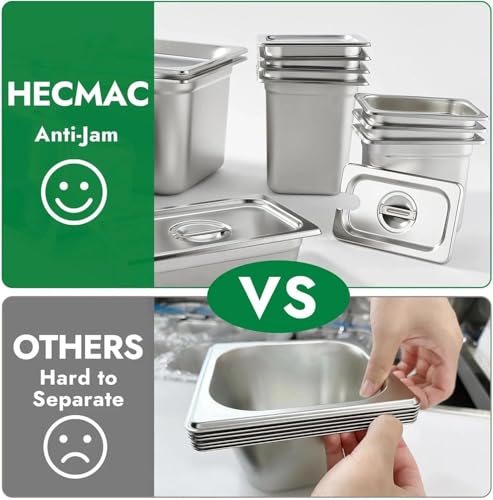HECMAC 6 Pack Anti-Jam Hotel Pans, 1/2 Size 4 Inch Deep, Heavy Duty, Commercial Stainless Steel Chafing Steam Table Pan, Catering Storage Metal Food Pan, 23 Gauge - size: 1/2 Size, 4" Deep