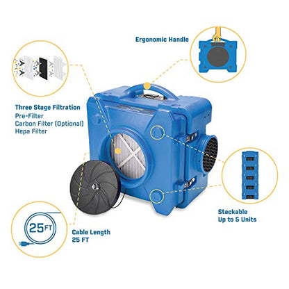 BlueDri Air Shield 550 HEPA Air Scrubber, Water Damage Restoration Equipment Air Purifier, Covers 1400 Sq. Ft, Daisy Chain Capable, For Commercial Use, Gray, BD-AS-550 - color: Grey