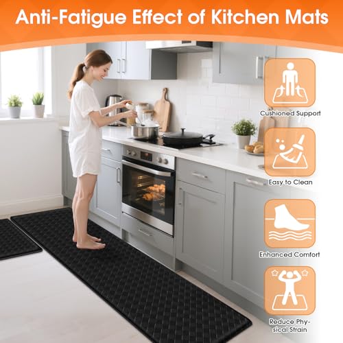 TranquilRelax Kitchen Mats, Cushioned Mats with Extra-Long Runner, Black - color: Black, size: 2-Piece | 30"+71" | Standard