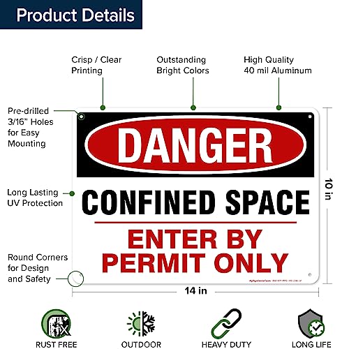 Danger Confined Space Enter By Permit Only Sign, 10x14 Inches, Rust Free .040 Aluminum, Fade Resistant, Made in USA by My Sign Center - size: 10x14 - Aluminum