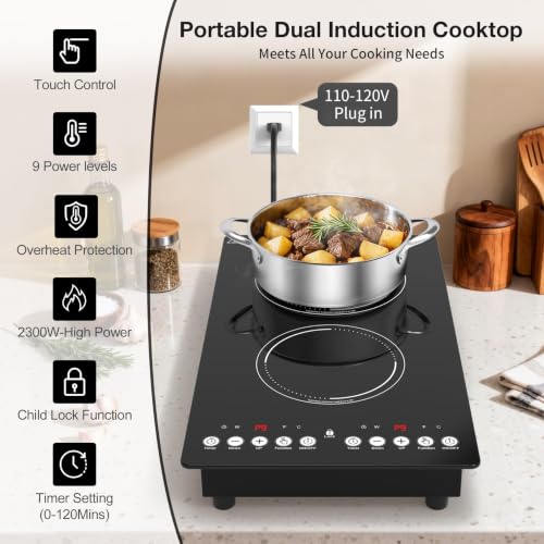 VBGK induction cooktop,110V 2300W countertop hot plate with Brushed Panel LED touch Control, induction cooker with 9 Power Levels, Kids Lock & 2H Timer,12 Inch doubledouble burner hot plate - size: double induction cooktop