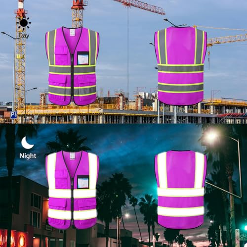 Reflective Safety Vest for Men Women Hi Vis Vest with 8 Pockets High Visibility Mesh Reflective Vest (Purple-07, Medium) - color: Purple, size: Medium