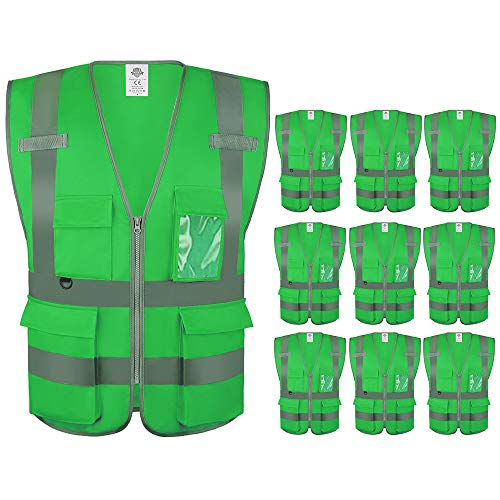 Dazonity High Visibility Safety Vest with Multi Pockets and Zipper, Reflective Strips, Fit for Men & Women, Work, Construction,Cycling, Runnning, Surveyor, Volunteer (10, Green-XL) - color: Green-xl