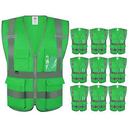 Dazonity High Visibility Safety Vest with Multi Pockets and Zipper, Reflective Strips, Fit for Men & Women, Work, Construction,Cycling, Runnning, Surveyor, Volunteer (10, Green-XL) - color: Green-xl