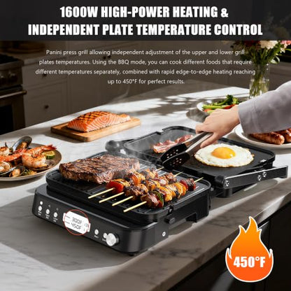 CATTLEMAN 5 in 1 Ceramic Panini Press Grill with Removable Plates, 1600W - color: Black with Reversible Plates