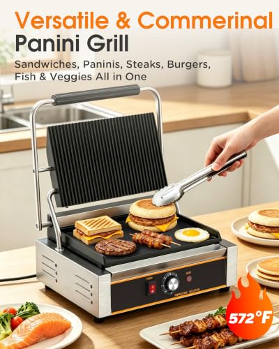 Commercial Panini Press - 2200W Electric Panini Sandwich Grill w/Nonstick Coating & Adjustable Temp, Panini Grill Press w/14"x9" Cooking Pan (Grooved Top & Flat Bottom), Double-sided Heating - style: 14"x9" Grooved top, flat bottom