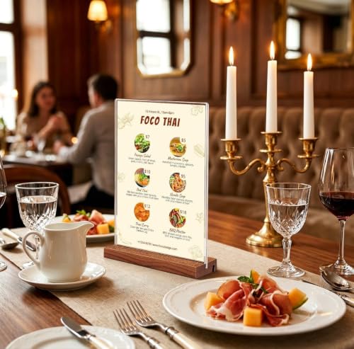 8.5x11 Acrylic Sign Holder with Wooden Base 4 Pack Adjustable Vertical/Tilt - color: Warm Brown, size: 8.5"x11"