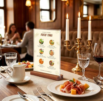 8.5x11 Acrylic Sign Holder with Wooden Base 4 Pack Adjustable Vertical/Tilt - color: Warm Brown, size: 8.5"x11"