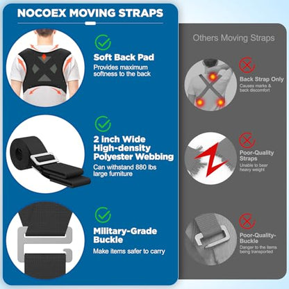 NOCOEX Moving Straps for Lifting 2-Person: Shoulder Strap with Back Support - color: Black