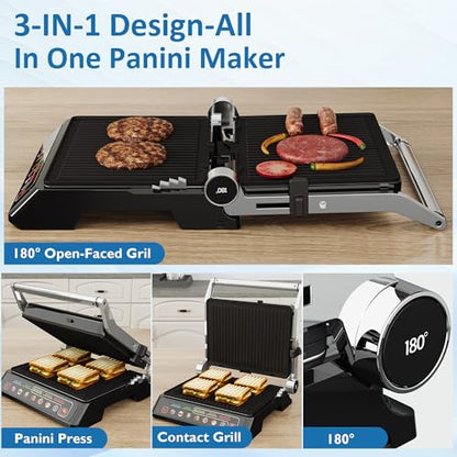 3-in-1 Indoor Grill & Griddle: 180° Flat Opening, Preset Menu, 1600W Electric Panini Press Sandwich Maker with Removable Non-stick Plates, Easy to Clean (Black, 14.25x13.4x5.9″) - size: Extra Large