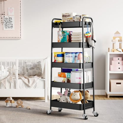 TOOLF 5-Tier Metal Rolling Cart with Wheels, Storage Utility Cart Black - color: Black, size: 5-Tier