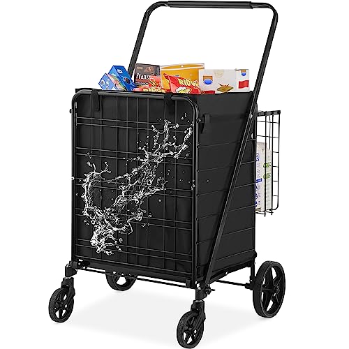 VEVOR Folding Shopping Cart with Removable Waterproof Liner, 330LBS Large Capacity Jumbo Grocery Cart with Dual Basket, 360° Swivel Wheels, Dense Metal Mesh Base, Heavy Duty Utility Cart for Shopping - size: Jumbo