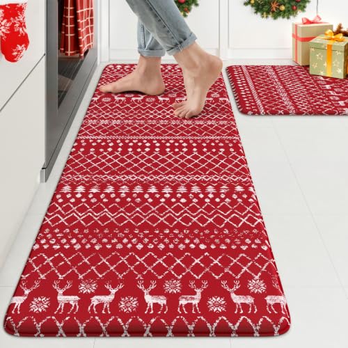 KIMODE Christmas Kitchen Rugs Sets of 2,Anti Fatigue Mats for Kitchen Floor - color: Christmas/Red, size: 17.3" x 47 "+ 17.3" x 29 "--0.47 inches