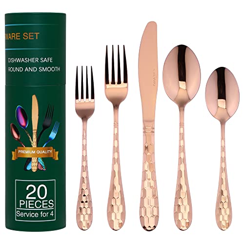 Hammered Silverware Set 20-Piece, 18/10 Stainless Steel Flatware Cutlery Silverware Set Service for 4, Unique Design Knife Fork Spoon Silverware Set, Mirror Polished,Dishwasher Safe (Rose Gold) - color: Rose Gold