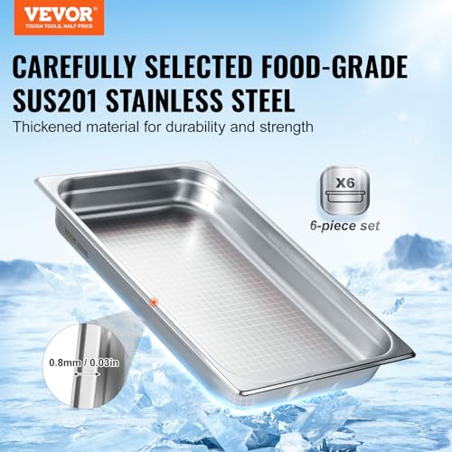 VEVOR 6 Pack Stainless Steel Hotel Pans,2.5-Inch Deep 0.8mm Thick Commercial Food Pans, Anti-Jam Catering Food Storage Metal Pan for Steam Tables, Food Warmer,20.8 x 13 x 2.5inch - size: 1/1 Size, style: 2.5 inch Deep 6 Pack