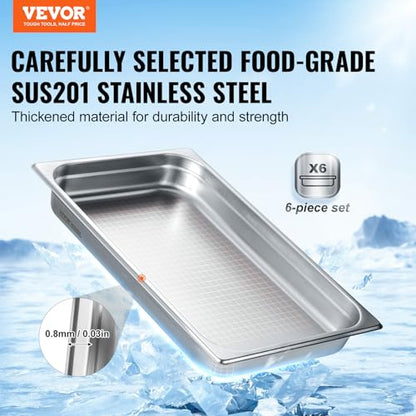 VEVOR 6 Pack Stainless Steel Hotel Pans,2.5-Inch Deep 0.8mm Thick Commercial Food Pans, Anti-Jam Catering Food Storage Metal Pan for Steam Tables, Food Warmer,20.8 x 13 x 2.5inch - size: 1/1 Size, style: 2.5 inch Deep 6 Pack
