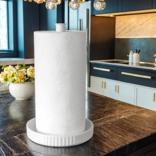 Paper Towel Holder Countertop,Ceramic Base,Fits Double to Family Rolls,A - color: Chic White