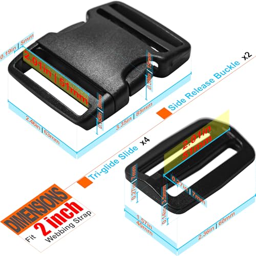 LASIGHT Buckles for 2 inch Wide Webbing Straps: Quick Side Release Buckle Clip 2 set and Tri-Glide Slide 4 pcs Fit 2" Nylon Web Belt, Plastic Snap Fastener Clip Heavy Duty Replacement Dual Adjustable - size: 2 Set for 2 inch Webbing