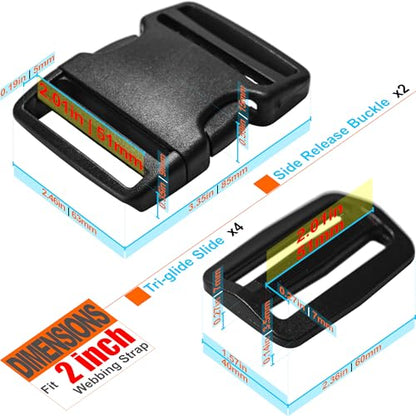 LASIGHT Buckles for 2 inch Wide Webbing Straps: Quick Side Release Buckle Clip 2 set and Tri-Glide Slide 4 pcs Fit 2" Nylon Web Belt, Plastic Snap Fastener Clip Heavy Duty Replacement Dual Adjustable - size: 2 Set for 2 inch Webbing