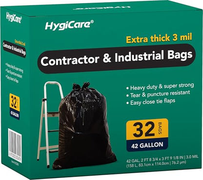 HygiCare Contractor & Industrial Bags, 42 Gallon, Extra Thick 3MIL, Heavy Duty with Tie Flaps, 32.75" x 45.13", 32 Count, For Construction, Industrial, & Outdoor Waste