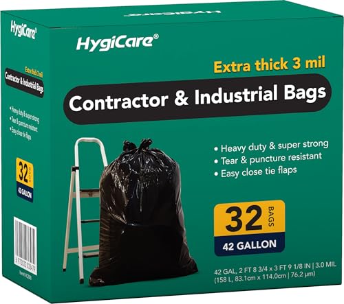 HygiCare Contractor & Industrial Bags, 42 Gallon, Extra Thick 3MIL, Heavy Duty with Tie Flaps, 32.75" x 45.13", 32 Count, For Construction, Industrial, & Outdoor Waste