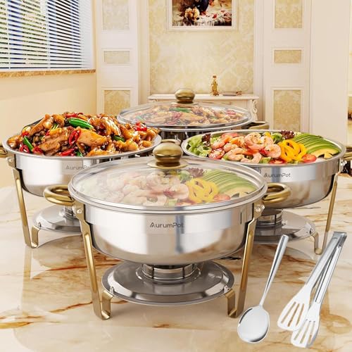 Chafing Dishes for Buffet with Glass Lid & Rolled-Edge 4 Pack 6QT, Gold