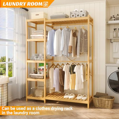 Homykic Bamboo Clothing Rack with 7 Adjustable Shelves, 2 Hang Rods - color: Natural, size: II Medium