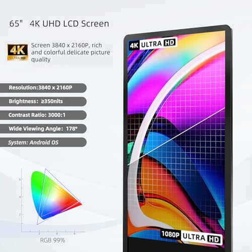 32/43/55/65 Inch 4K Digital Signage Display, LCD Screen Advertising Display Kiosk Interactive Totem Floor Standing Auto AD Player with USB/HDMI/WiFi Android OS (65'' Touch Screen) - size: 65-Inch, style: Touch Kiosk