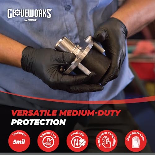 GLOVEWORKS Nitrile Gloves Disposable 5 mil Black Size Medium Box of 100 - color: Black, size: Medium