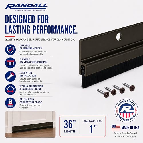 Randall Manufacturing Co., Inc | Door Sweeps – Aluminum & Brush | Brush Sweeps for Gaps Up to 1” | Brown Trim with Black Brush | 3 Feet | 3/4" Brush | Fill Gaps & Keep Unwanted Debris Out - size: 3 FT Brown