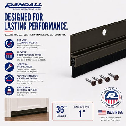 Randall Manufacturing Co., Inc | Door Sweeps – Aluminum & Brush | Brush Sweeps for Gaps Up to 1” | Brown Trim with Black Brush | 3 Feet | 3/4" Brush | Fill Gaps & Keep Unwanted Debris Out - size: 3 FT Brown