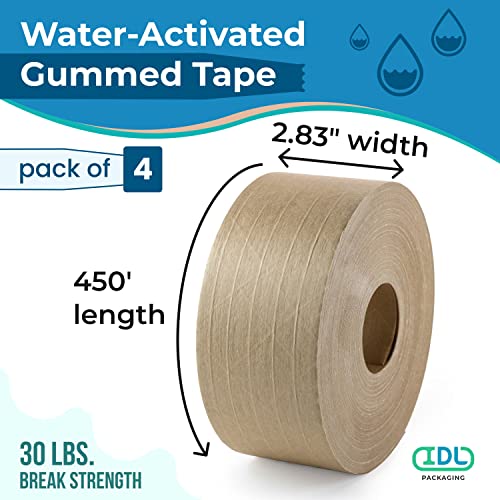 IDL Packaging 2.83" x 450 feet Reinforced Water-Activated Kraft Gummed Tape 30lb Thickness (Pack of 4) - Secure Paper Packing Tape for Secure Carton Sealing - Heavy-Duty for All Conditions, Brown - size: Pack of 4