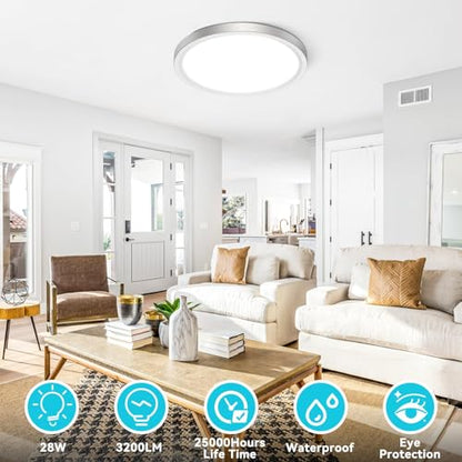 libtit 12 inch Flush Mount LED Ceiling Light Fixture, 3000K 4000K 6500K Adjustable, 28W 3200lm Brushed Nickel Satin Round Lighting Fixtures for Bathroom Shower Hallway Kitchen - color: Brushed Nickel, size: 12in-1Pack