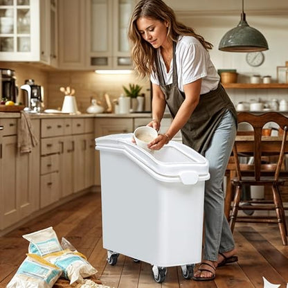 DWVO 27 Gal Large Ingredient Storage Bin, Flour Rice Food Storage Containers Bin with 500 Cups, Commercial Bins with 360° Wheels, Scoop and Lid for Kitchen, White - size: 27 Gal