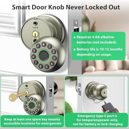 Smart Door Knob Fingerprint Door Lock 4-in-1 Keyless Entry (Fingerprint/App/Code/Key) with Auto-Lock Easy Install for Home/Bedroom/Office-Silver - color: Silver