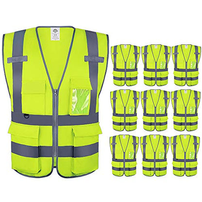 Dazonity High Visibility Safety Vest with Multi Pockets and Zipper, 10 Packs,Reflective Strips, Fit for Men & Women, Work, Construction,Cycling, Runnning, Surveyor, Volunteer (Yellow-2XL) - color: Yellow-2xl