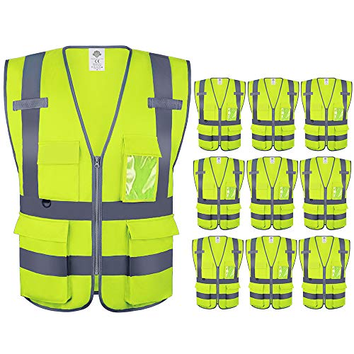 Dazonity High Visibility Safety Vest with Multi Pockets and Zipper, 10 Packs,Reflective Strips, Fit for Men & Women, Work, Construction,Cycling, Runnning, Surveyor, Volunteer (Yellow-M) - color: Yellow-m