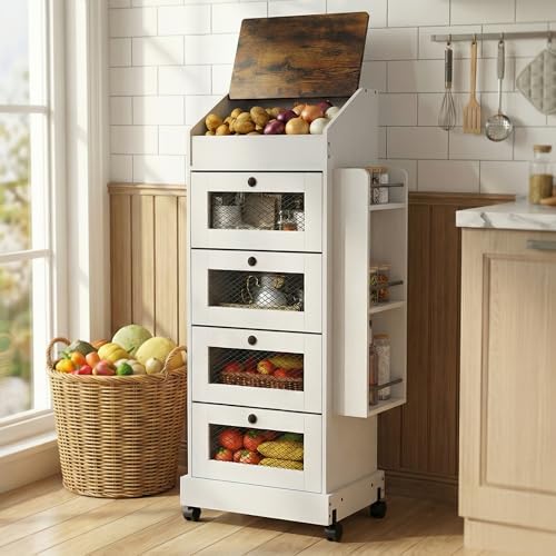 ARTETHYS Potato Storage Bin 5-Tier Rolling White Bread Box with Side Rack - color: White