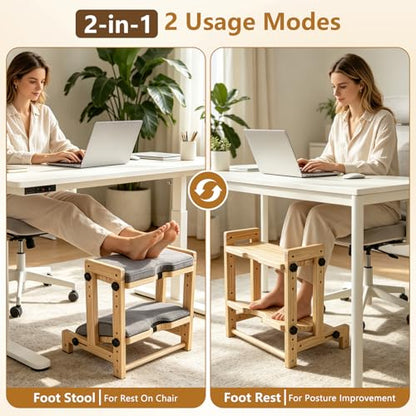 Double Step Foot Rest Under Desk, 8-Level Dual Adjustable Under Desk Foot Rest– 4 Height + 4 Angle Settings, Ergonomic Leg Rest with Cushion for Posture Support, Home Office & Gaming, Natural Wood