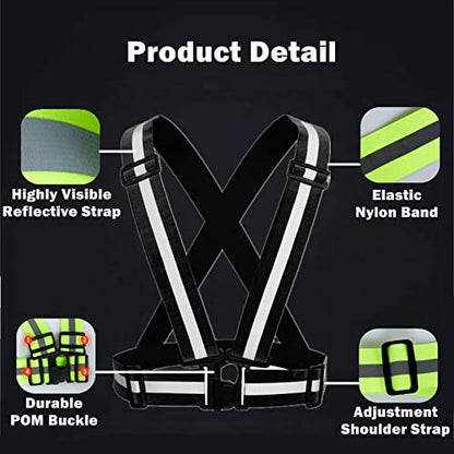 Reflective Strap Safety Vest Gear - 2-10 Pack Adjustable High Visible Reflective Running Gear for Women Men Night - color: Black X2