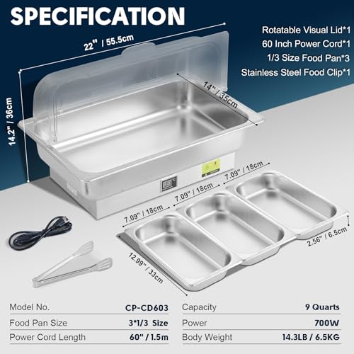3 x 3QT Electric Chafing Dish with Knob Temperature Control - size: 603-Triple Pan