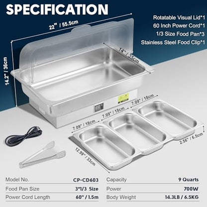 3 x 3QT Electric Chafing Dish with Knob Temperature Control - size: 603-Triple Pan