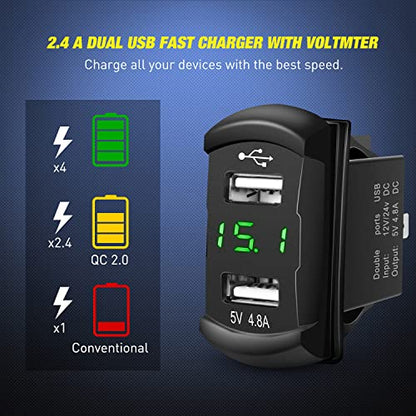 Nilight 3 Gang Rocker Switch Panel with 4.8 Amp Dual USB Charger Voltmeter Waterproof 12V 24V DC Night Glow Stickers for Cars Trucks Boats RVs - color: Green, size: 4 Gang Dual USB